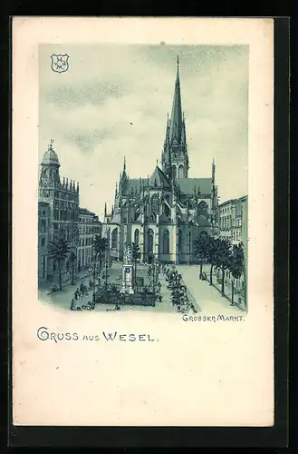 Lithographie Wesel, Grosser Markt mit Kirche