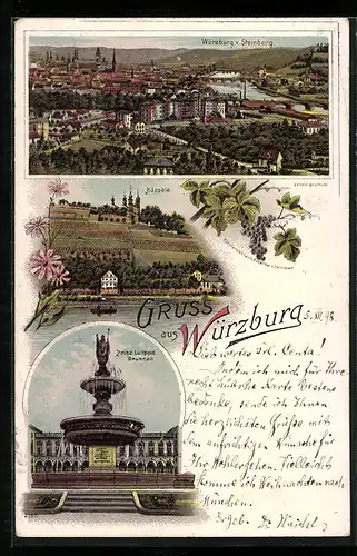 Lithographie Würzburg, Käppele, Prinz Luitpold-Brunnen, Totalansicht