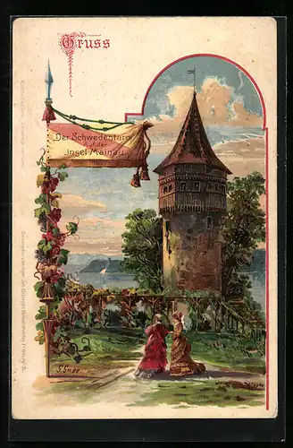 Lithographie Insel Mainau, Flaniernde Damen am Schwedenturm