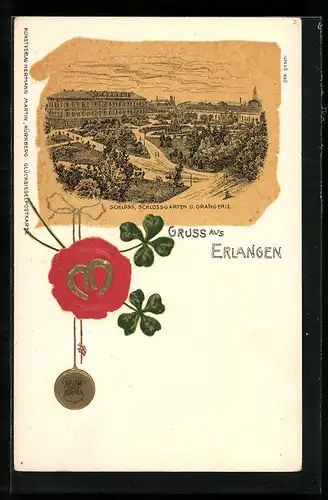 Lithographie Erlangen, Schloss, Schlossgarten und Orangerie, Glücksbringer
