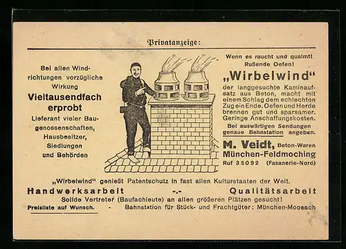 AK München-Feldmoching, M. Veidt, Beton-Waren, Fasanerie-Nord, Privatanzeige