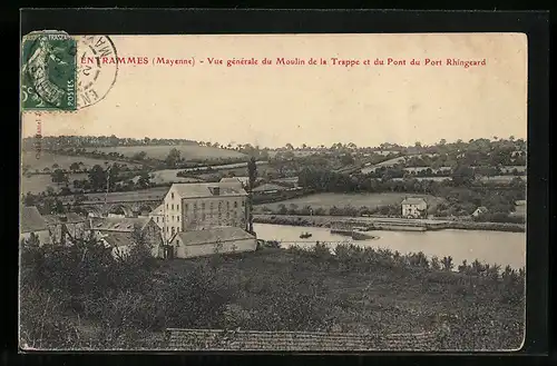 AK Entrammes, Vue générale du Moulin de la Trappe et du Pont du Port Rhingeard