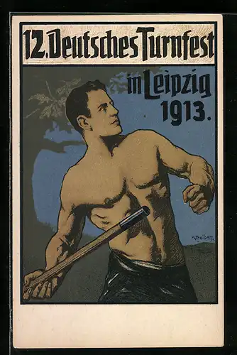 Künstler-AK Hans Treiber: Leipzig, 12. Deutsches Turnfest 1913, Athlet mit Speer