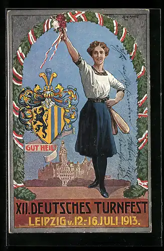 Künstler-AK Leipzig, 12. Deutsches Turnfest Juli 1913, Dame in Tracht mit Wappen, Gut Heil