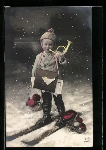 AK Kleiner Junge mit Posthorn auf Skiern, Neujahrsgruss