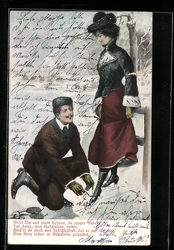 AK Herr bindet Dame die Schlittschuhe zu