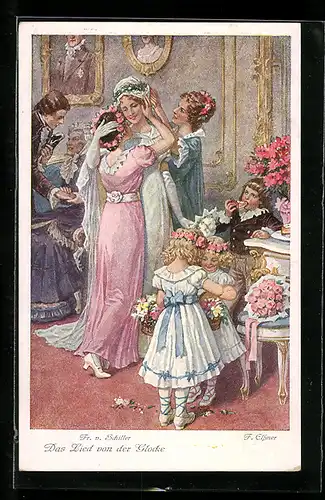 Künstler-AK Felix Elssner: Das Lied von der Glocke, Hübsche Dame wird für ihre Hochzeit zurechtgemacht