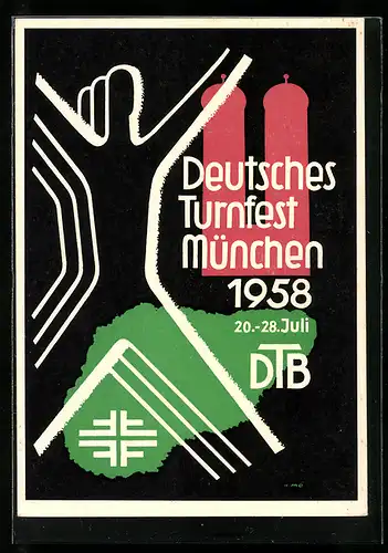 Künstler-AK München, Deutsches Turnfest 1958, Turner vor der Frauenkirche