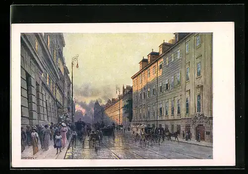 Künstler-AK Wien, Alserstrasse mit Passanten