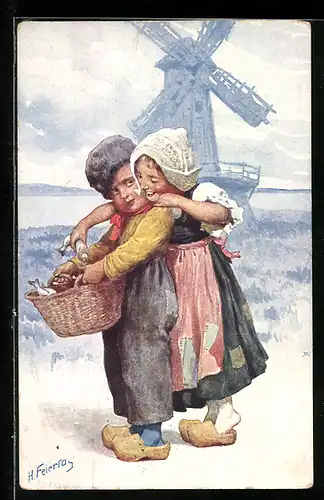 Künstler-AK Karl Feiertag: Zwei holländische Kinder mit Fischen