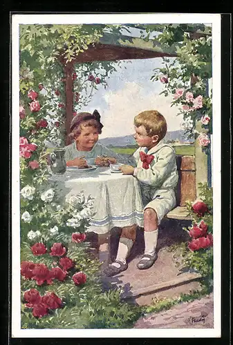 Künstler-AK Karl Feiertag: Kinder sitzen draussen an einem gedeckten Tisch