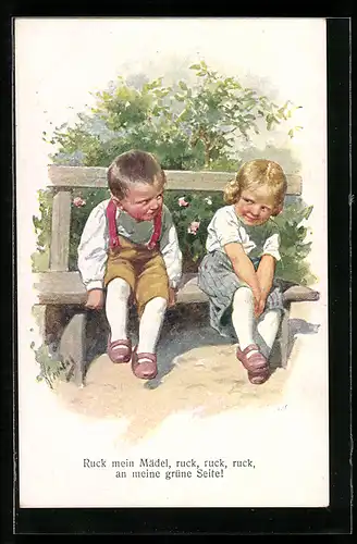 Künstler-AK Karl Feiertag: Schüchterne Kinder auf Bank