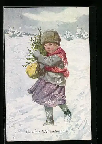 Künstler-AK Karl Feiertag: Mädchen mit Tannenbaum im Schnee, Weihnachtsgruss