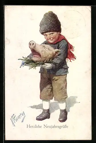 Künstler-AK Karl Feiertag: Junge mit Schweinskopf, Neujahrsgruss