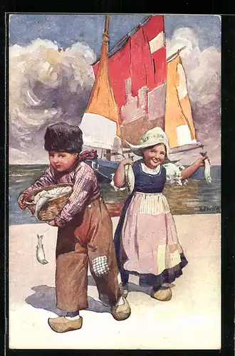 Künstler-AK Karl Feiertag: Holländisches Pärchen mit Fischen im Korb, Im Hintergrund Segelboot