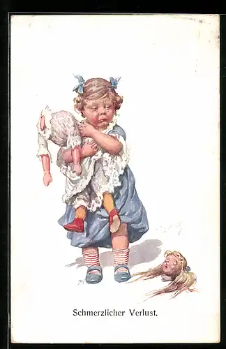 Künstler-AK Karl Feiertag: Weinendes Kind mit Kopfloser Puppe