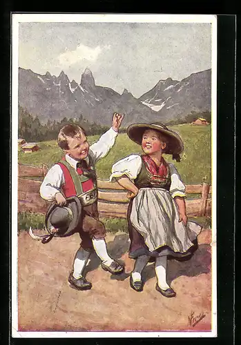 Künstler-AK Karl Feiertag: Mädchen und Junge in Trachten tanzend vor Bergpanorama