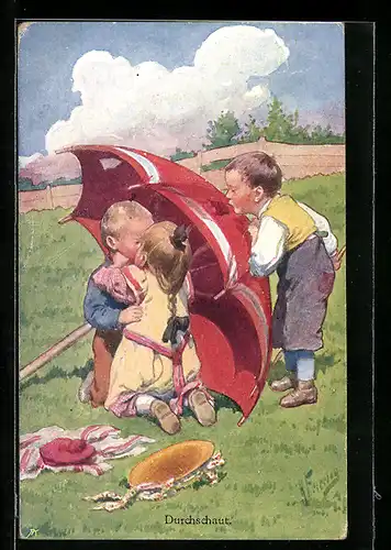 Künstler-AK Karl Feiertag: Kinder küssen sich unter einem Schirm und werden dabei von einem Jungen beobachtet