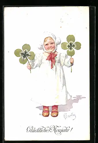Künstler-AK Karl Feiertag: Kleines Mädchen mit Kleeblättern, Neujahrsgruss