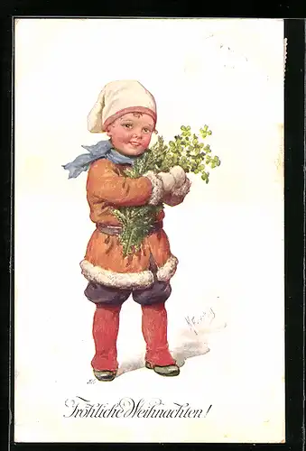 Künstler-AK Karl Feiertag: Kind mit Tannenzweigen und Glücksklee