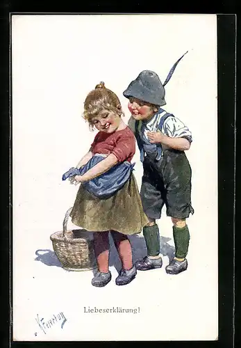 Künstler-AK Karl Feiertag: Junges Liebespaar kirchert