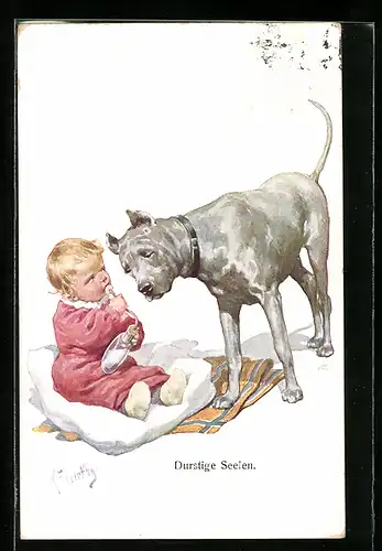 Künstler-AK Karl Feiertag: Kleinkind mit Flasche und Dogge