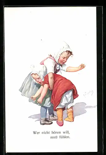 Künstler-AK Karl Feiertag: Mädchen bestraft jüngere Schwester