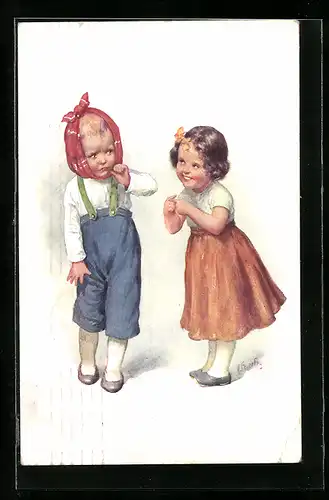 Künstler-AK Karl Feiertag: Mädchen tröstet Jungen mit Zahnschmerzen