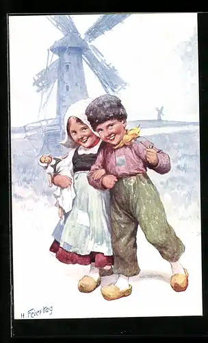 Künstler-AK Karl Feiertag: Niederländische Kinder in ihrer Tracht vor einer Windmühle