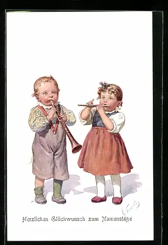 Künstler-AK Karl Feiertag: Musizierende Kinder mit Flöte