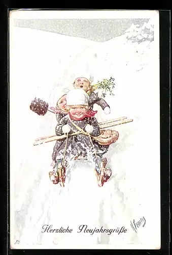 Künstler-AK Karl Feiertag: Drei Kinder auf einem Schlitten, Neujahrsgruss