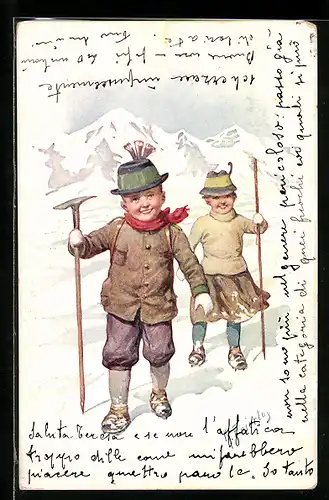 Künstler-AK Karl Feiertag: Kinderpaar bei Schnee in den Bergen