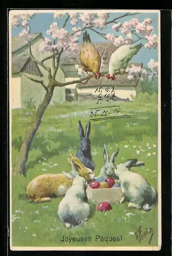 Künstler-AK Karl Feiertag: Osterhasen mit Ostereiern, Ostergruss