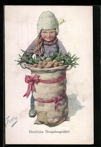 Künstler-AK Karl Feiertag: Kind mit einem Sack Kartoffeln, Neujahrsgruss