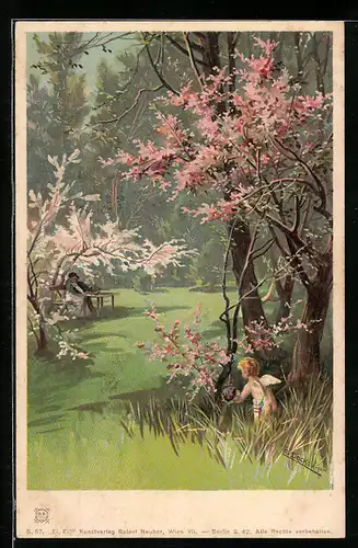 Künstler-AK E. Döcker: Amor beobachtet ein Liebspaar im Frühling