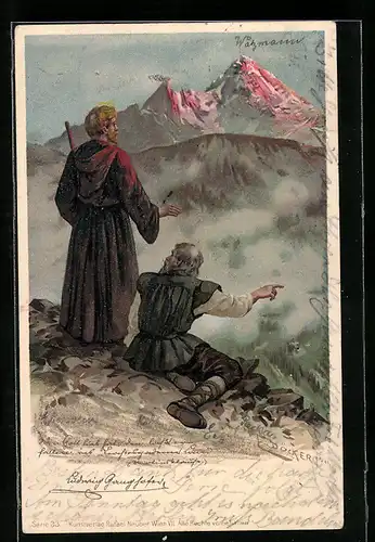 Künstler-AK E. Döcker: ein Bauer zeigt dem Mönch den Weg durchs Gebirge