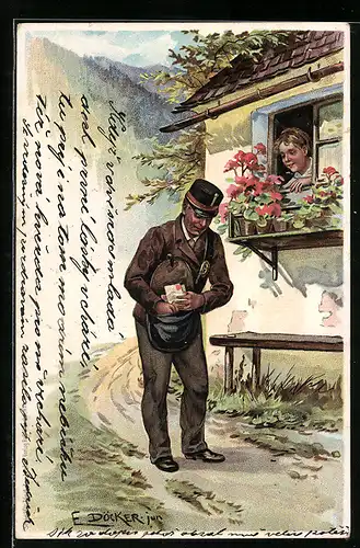 Künstler-Lithographie E. Döcker: Lied der Liebe, Briefträger, Postboote