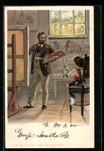 Künstler-Lithographie E. Döcker: Knabe sitzt Maler Modell