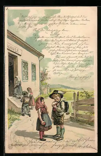 Künstler-Lithographie E. Döcker: Die grosse That, Kinder vor Schule, Ganghofer
