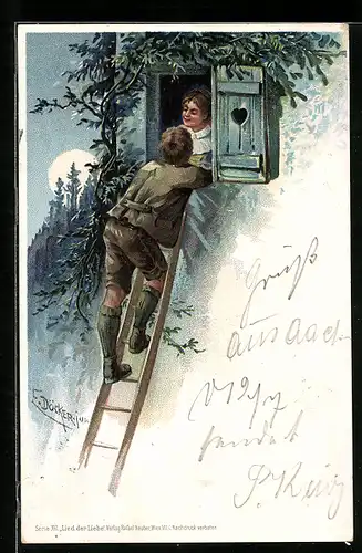 Künstler-AK E. Döcker: Mann mit einer Leiter am Fenster einer Frau