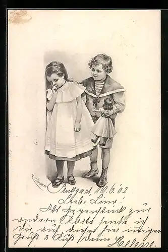 Künstler-AK E. Döcker: Mädchen und Junge mit Puppe