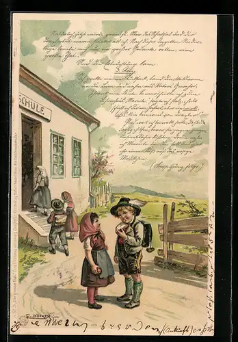 Künstler-Lithographie E. Döcker: Die grosse That, Kinder vor Schule, Ganghofer