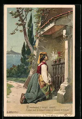 Künstler-Lithographie E. Döcker: Frau in Tracht betet vor einem Bildstock