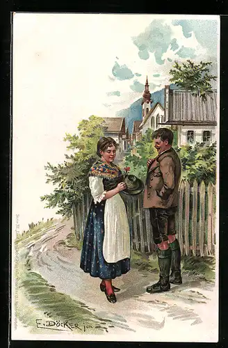 Künstler-AK E. Döcker: Mann in Tracht schenkt Frau eine Blume
