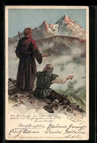 Künstler-AK E. Döcker: ein Bauer zeigt dem Mönch den Weg durchs Gebirge