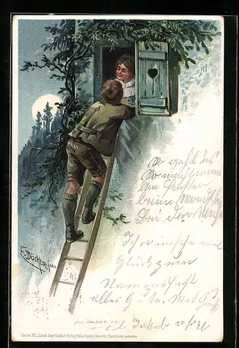 Künstler-AK E. Döcker: Mann mit einer Leiter am Fenster einer Frau