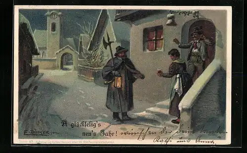 Künstler-AK E. Döcker: Paar wünscht dem Nachtwächter A glückselig`s neu`s Jahr!