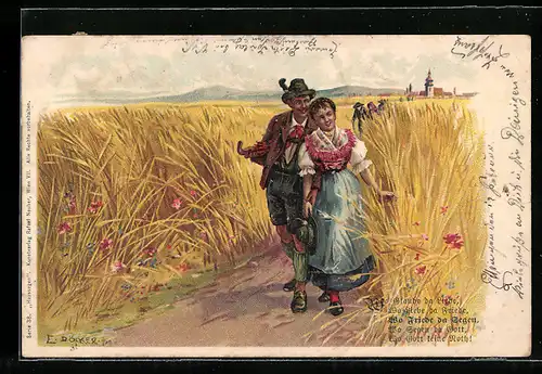 Künstler-AK E. Döcker: Junges Paar in Tracht in einem Weizenfeld
