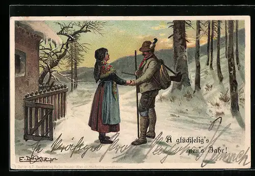 Künstler-AK E. Döcker: Jäger mit Frau im Schnee, Neujahrsgruss