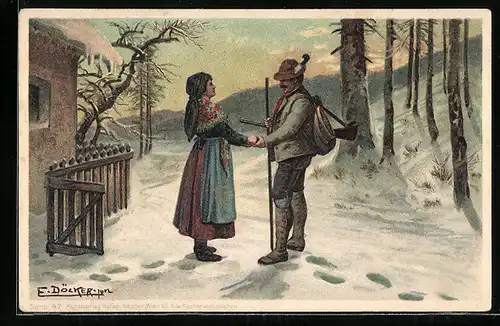Künstler-AK E. Döcker: Jäger hält Hand von Frau im Schnee